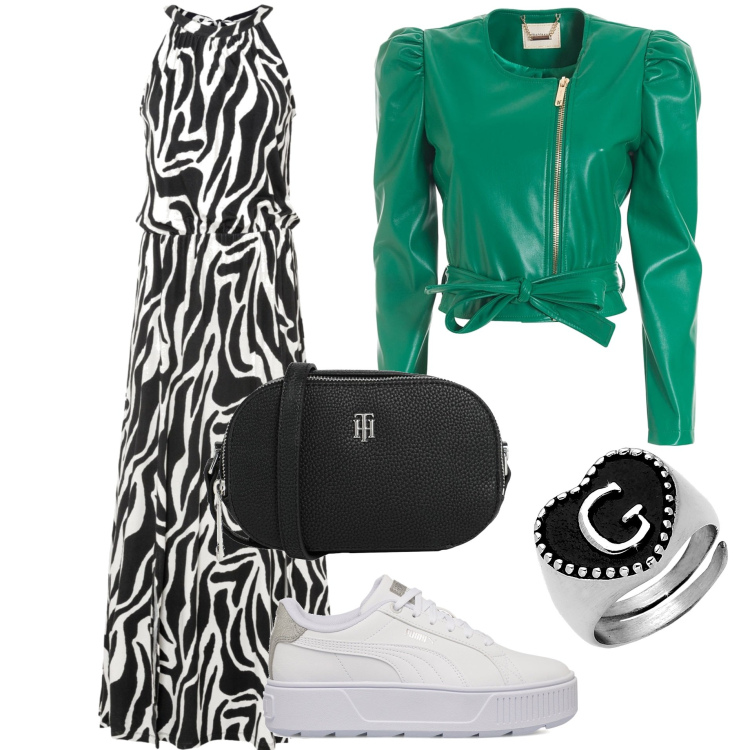 Outfit donna - Il giubbotto verde e la snekers. Stile Glamour per Serata fuori. Abbinamento con vestiti, borse a tracolla, cappotti, anelli, sneakers.