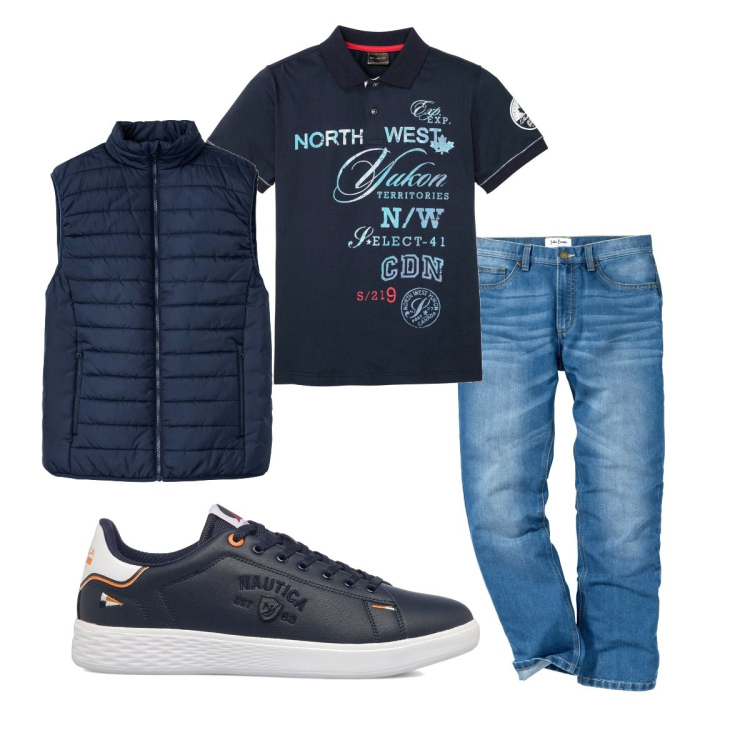 Outfit uomo - Trendy #5042. Stile Trendy per Tutti i giorni. Abbinamento con jeans dritti, gilet, polo, sneakers.