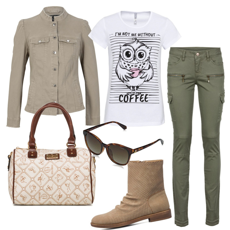 Outfit donna - Cargo. Stile Urban per Tutti i giorni. Abbinamento con pantaloni cargo, t-shirt sportive, blazer, stivaletti, borse a mano, occhiali da sole.
