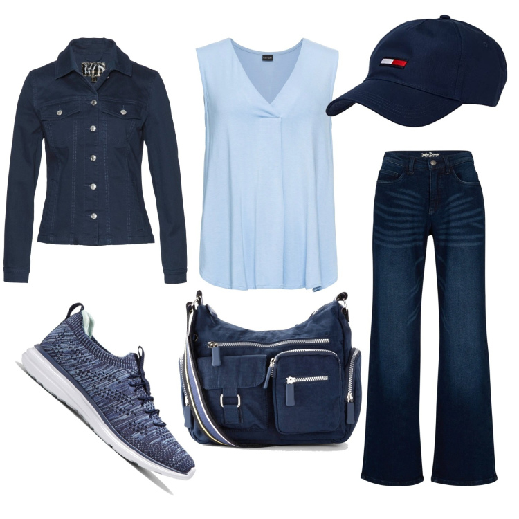 Outfit donna - Una passeggiata. Stile Casual per Tutti i giorni. Abbinamento con top, sneakers, borse a tracolla, jeans, blazer, cappelli con visiera.