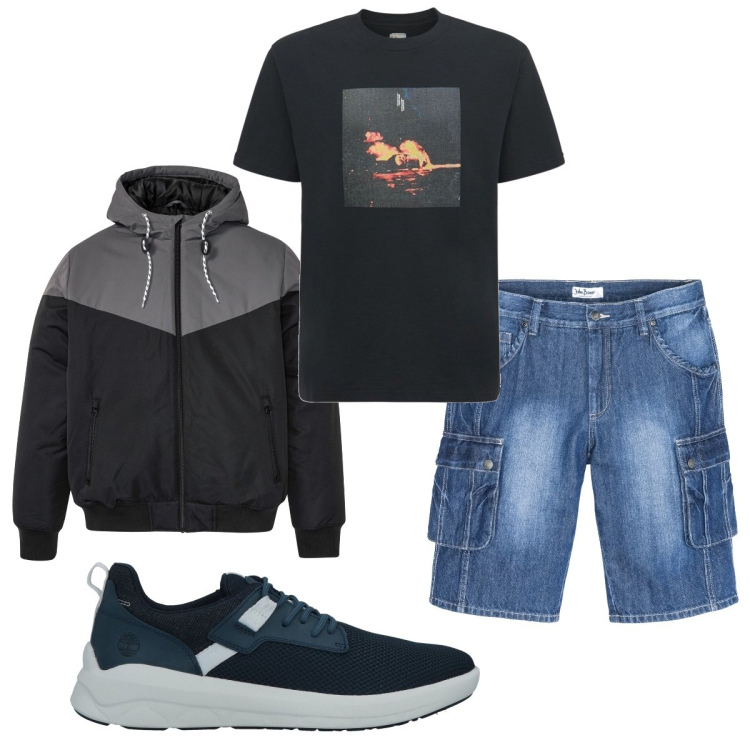 Outfit uomo - Total look #1571140. Stile Trendy per Sport. Abbinamento con bermuda, giacche, sneakers, t-shirt.