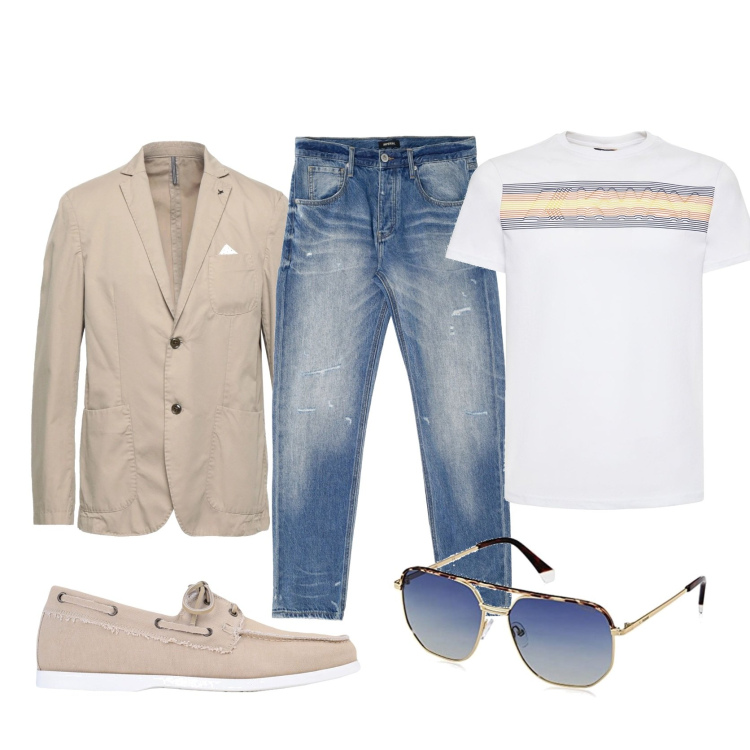 Outfit uomo - Passeggiata in centro. Stile Casual per Tutti i giorni. Abbinamento con jeans dritti, giacche, scarpe stringate, t-shirt, occhiali da sole.