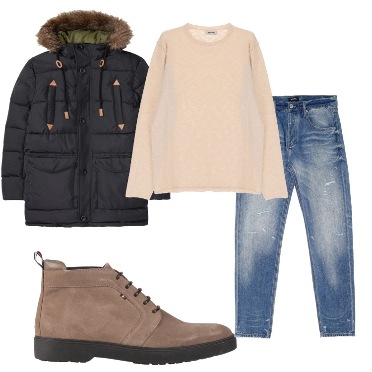 Outfit uomo - Trendy #5087. Stile Trendy per Tutti i giorni. Abbinamento con giacche, stivali e stivaletti, pullovers, jeans dritti.