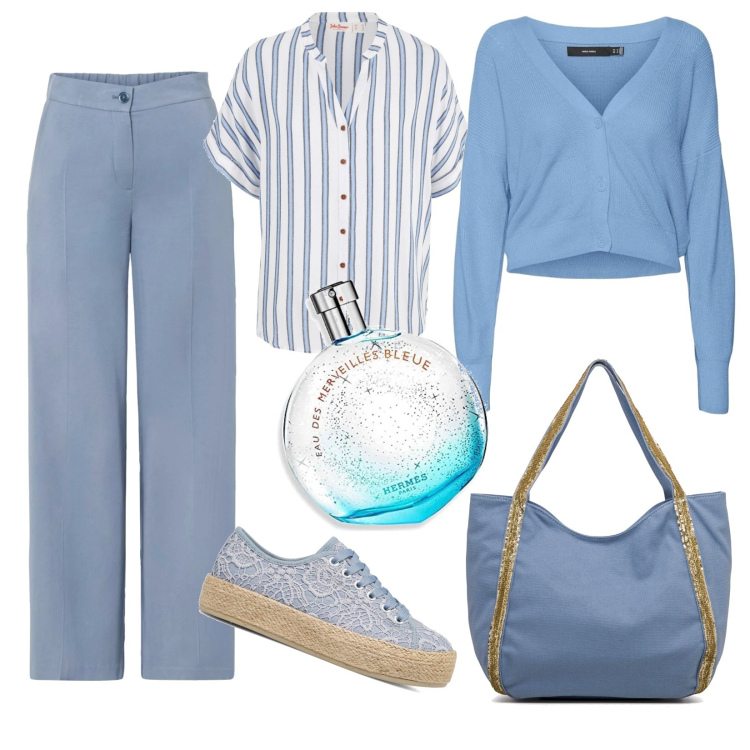 Outfit donna - Onda su Onda. Stile Casual per Tutti i giorni. Abbinamento con camicie, pantaloni a palazzo, sneakers alte, cardigans, borse a spalla, profumi.