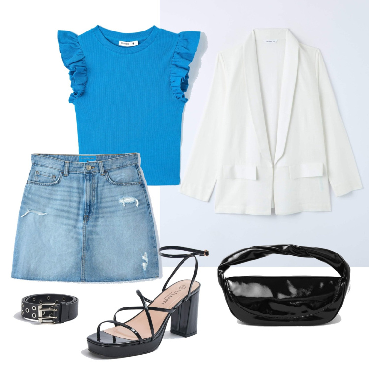 Outfit donna - Primavera. Stile Trendy per Serata fuori. Abbinamento con pochette, blazer, t-shirt, cinture, minigonne, sandali in pelle.