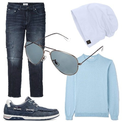 Outfit uomo - Un paio di occhiali per la primavera. Stile Casual per Tutti i giorni. Abbinamento con jeans slim fit, pullovers, scarpe stringate, berretti, occhiali da sole.