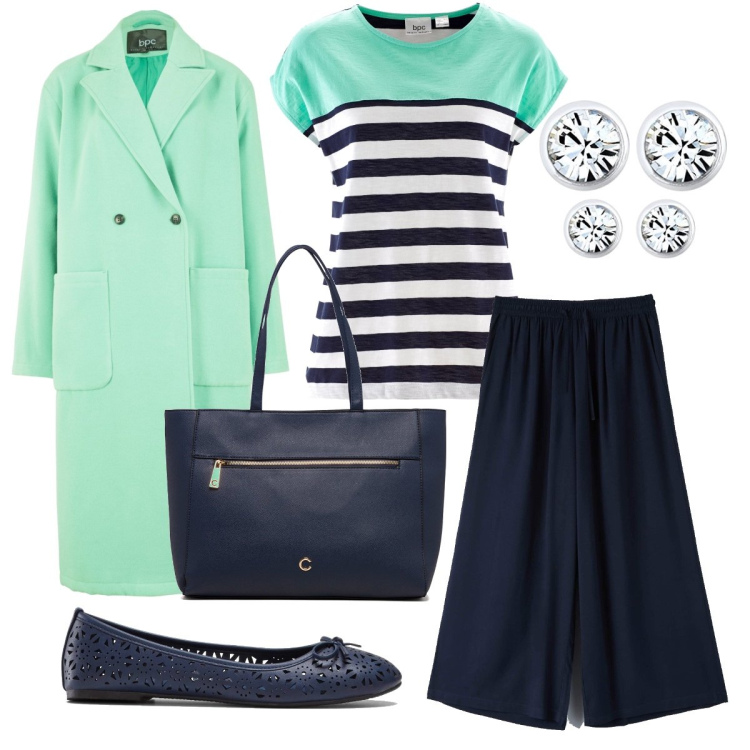 Outfit donna - Semplice ma perfetta. Stile Bon Ton per Ufficio. Abbinamento con ballerine, t-shirt, cappotti, pantaloni a palazzo, borse a spalla, orecchini.