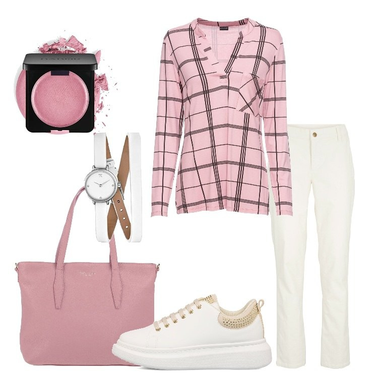Outfit donna - Leggera. Stile Casual per Tutti i giorni. Abbinamento con maglieria, maglieria, borse a mano, sneakers, blush, orologi analogici.