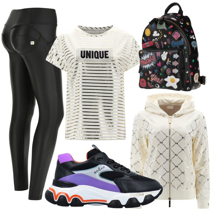 Outfit donna - Total look #1571751. Stile Sporty chic per Tutti i giorni. Abbinamento con sneakers, zaini, pantaloni skinny, felpe con cappuccio, t-shirt.