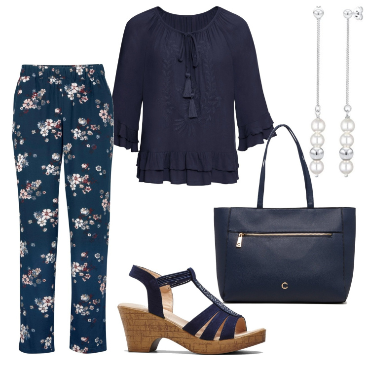 Outfit donna - Freschezza. Stile Casual per Tutti i giorni. Abbinamento con pantaloni, tuniche, sandali, borse a spalla, orecchini.