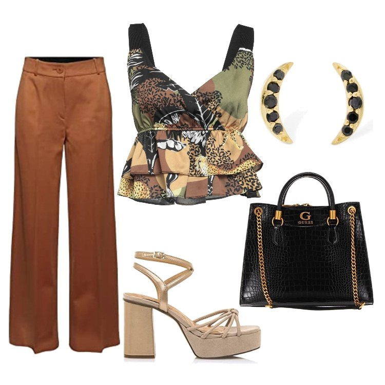 Outfit femme - Au cinéma. Style Ethnique pour Soirée dehors. Assortir avec pantalon , sacs cartable, hauts, sandales à talon, boucles d'oreilles.