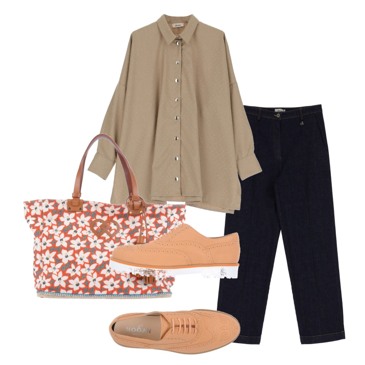 Outfit donna - Giro al mercatino. Stile Minimal per Tutti i giorni. Abbinamento con scarpe stringate, borse a mano, camicie, jeans dritti.