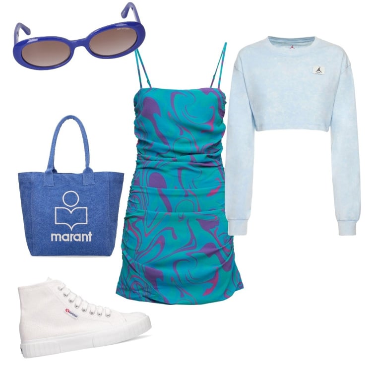 Outfit donna - Blue. Stile Glamour per Tutti i giorni. Abbinamento con vestiti, sneakers alte, occhiali da sole, shopping bag, felpe.