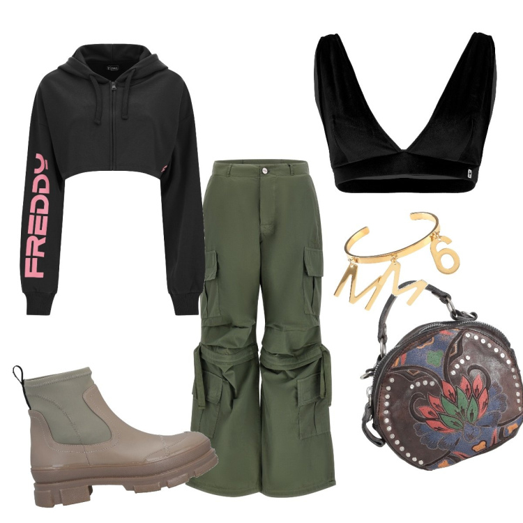 Outfit donna - Cargo. Stile Military per Tutti i giorni. Abbinamento con stivaletti, braccialetti, borse a mano, pantaloni cargo, top, felpe con cappuccio.