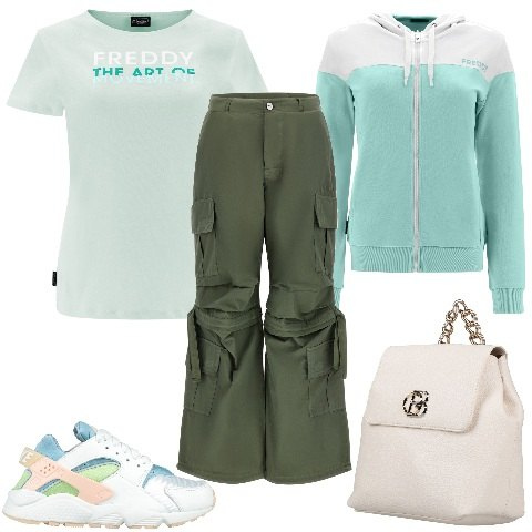 Outfit donna - Freddy Look sporty-chic per la primavera. Stile Sporty chic per Tutti i giorni. Abbinamento con zaini, sneakers, pantaloni cargo, felpe con cappuccio, t-shirt.