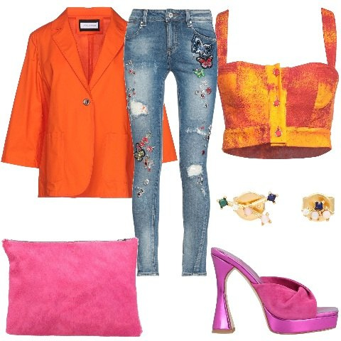 Outfit donna - Yoox - New spring look, new you!. Stile Casual chic per Tutti i giorni. Abbinamento con jeans, sandali in pelle, blazer, orecchini, top, borse a mano.
