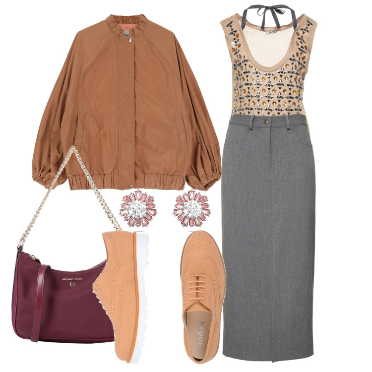 Outfit donna - Un po\' Audry. Stile Chic per Tutti i giorni. Abbinamento con scarpe stringate, top, borse a mano, giacche, orecchini, gonne longuette.