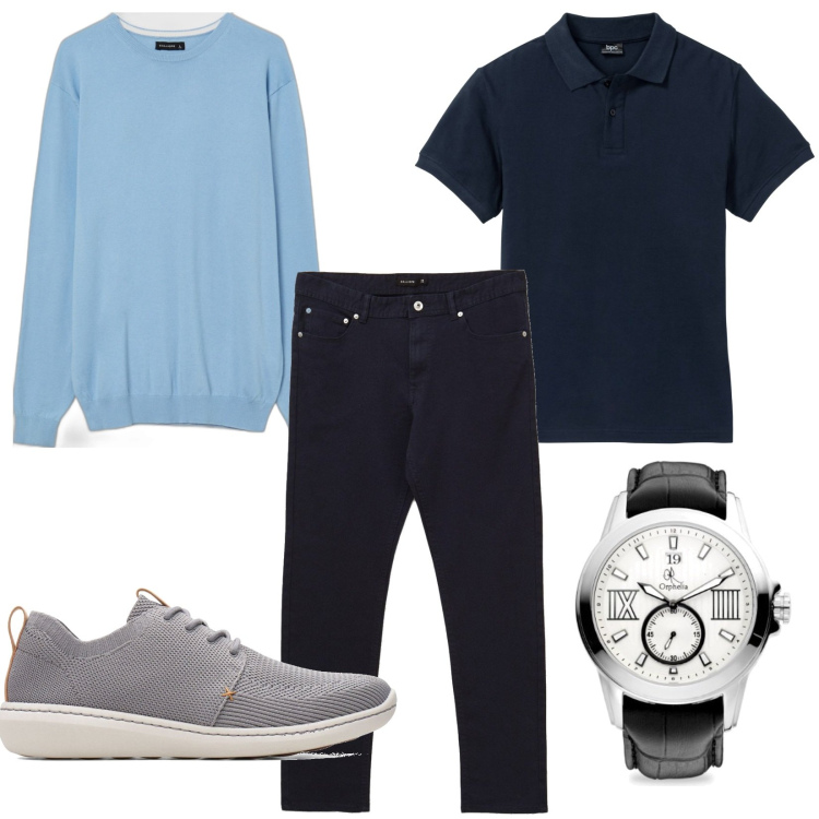 Outfit uomo - Basic. Stile Casual per Tutti i giorni. Abbinamento con polo, pantaloni, maglieria, sneakers, orologi.