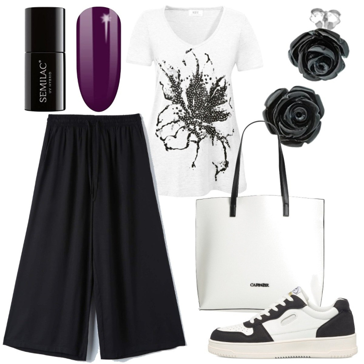 Outfit donna - Fiori neri. Stile Sporty chic per Tutti i giorni. Abbinamento con t-shirt, borse a mano, pantaloni a palazzo, sneakers, smalti, orecchini.