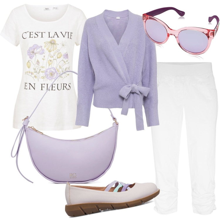 Outfit donna - Parto. Stile Casual per Tutti i giorni. Abbinamento con pantaloni, cardigans, t-shirt, ballerine, borse a spalla, occhiali da sole.