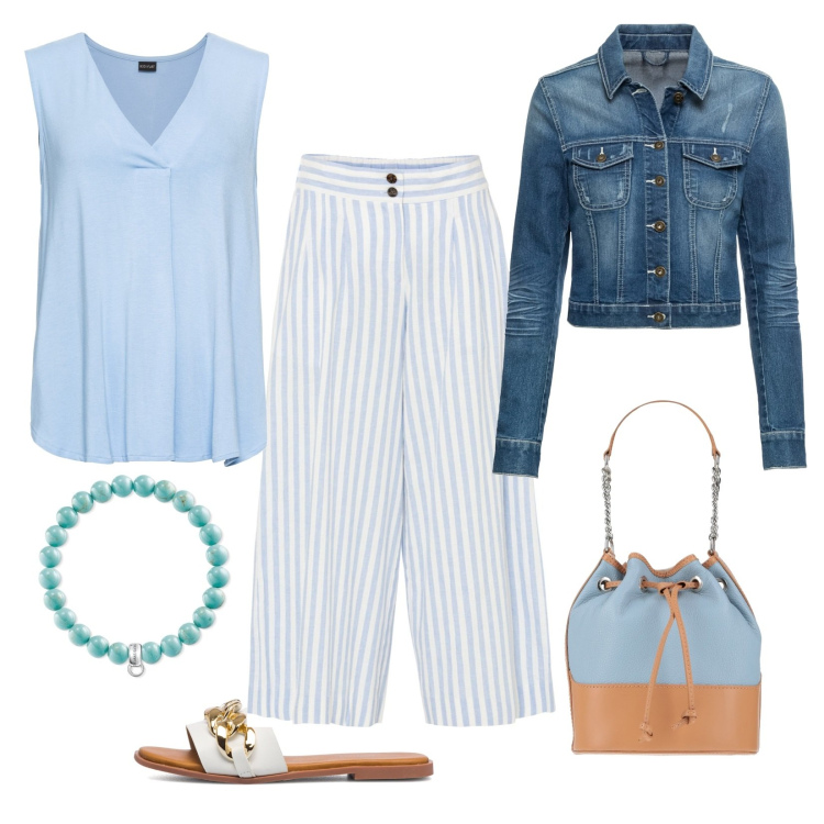Outfit donna - Sere d\'estate. Stile Basic per Tutti i giorni. Abbinamento con top, pantaloni culotte, blazer, borse a mano, sandali in pelle, braccialetti.