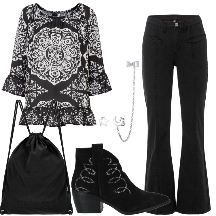 Outfit donna - Tunica moderna con maniche a 3/4. Stile Casual per Tutti i giorni. Abbinamento con stivaletti, caftani, pantaloni, zaini, orecchini.