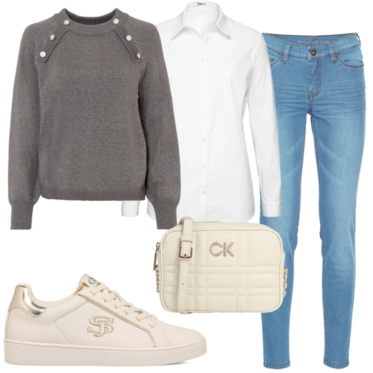 Outfit donna - Scuola/università. Stile Basic per Scuola/Università. Abbinamento con camicie, jeans skinny, maglieria, borse a tracolla, sneakers.