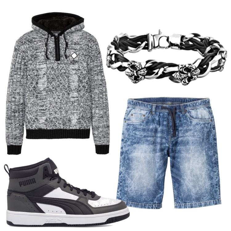 Outfit uomo - Urban #5086. Stile Urban per Tutti i giorni. Abbinamento con bermuda, maglieria, sneakers alte, braccialetti.