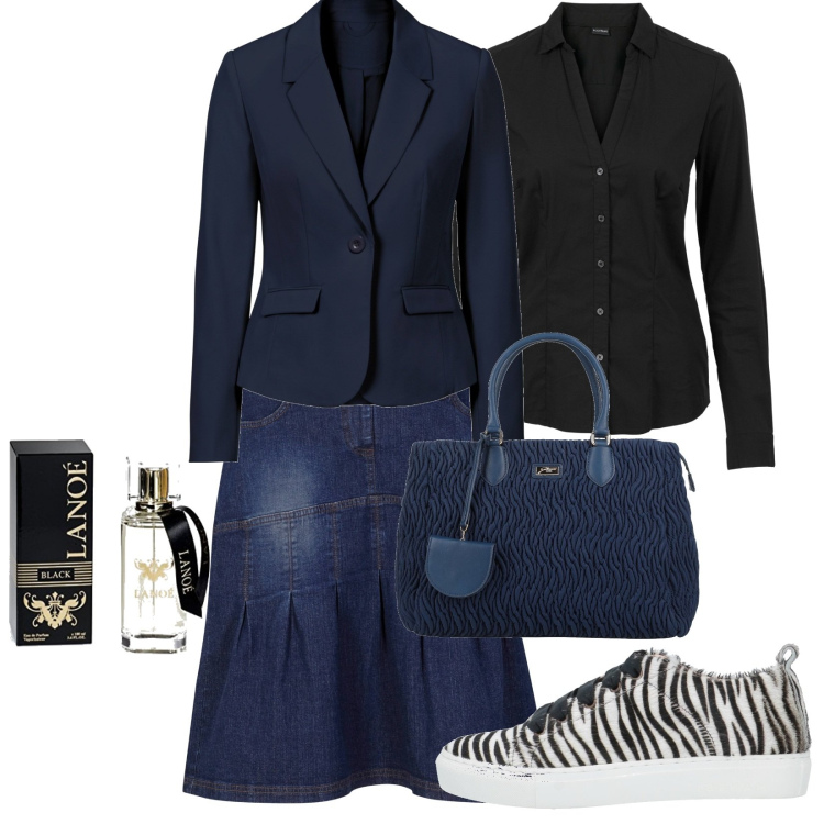 Outfit donna - La camicia nera. Stile Casual per Ufficio. Abbinamento con camicie, gonne, blazer, sneakers, borse a mano, profumi.