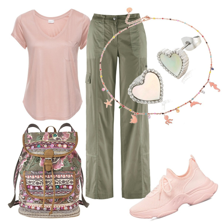 Outfit donna - La Primavera nello zainetto. Stile Casual per Tutti i giorni. Abbinamento con pantaloni cargo, zaini, maglieria, orecchini, collane, sneakers.