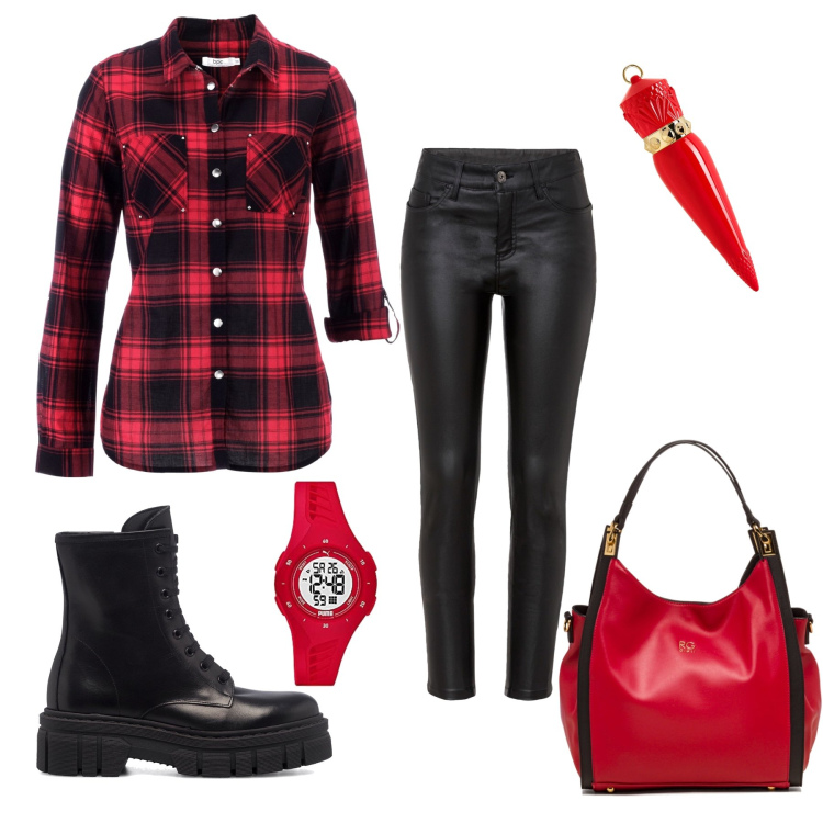 Outfit donna - Total look #1572280. Stile Rock per Tutti i giorni. Abbinamento con camicie, pantaloni, anfibi, borse a spalla, orologi, rossetti.