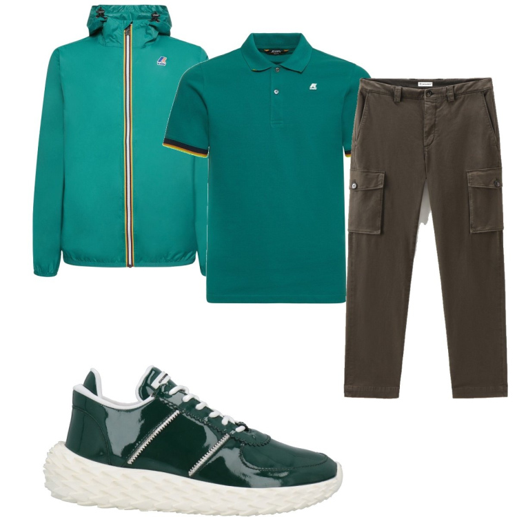 Outfit uomo - Verdi anche le sneakers. Stile Casual per Tutti i giorni. Abbinamento con pantaloni cargo, sneakers, piumini, polo.