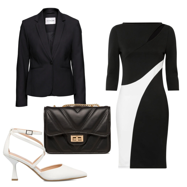 Outfit donna - Abito passepartout. Stile Basic per Ufficio. Abbinamento con blazer, vestiti, décolleté, borse a tracolla.