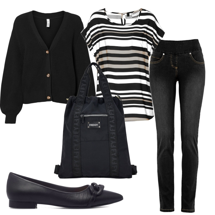 Outfit donna - A lezione b&w. Stile Basic per Scuola/Università. Abbinamento con jeans, cardigans, tuniche, zaini, ballerine.