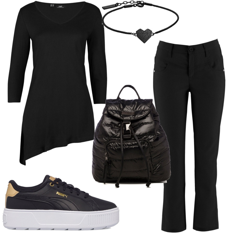Outfit donna - Nero casual. Stile Basic per Scuola/Università. Abbinamento con maglieria, pantaloni, sneakers, zaini, braccialetti.