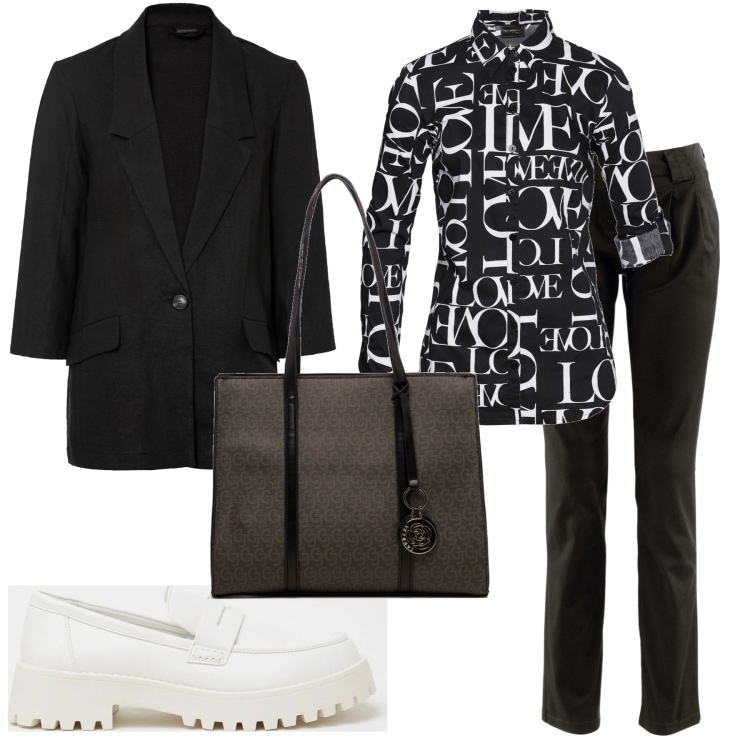 Outfit donna - Mocassini bianchi. Stile Boho per Ufficio. Abbinamento con pantaloni chino, camicie, blazer, mocassini, borse a spalla.