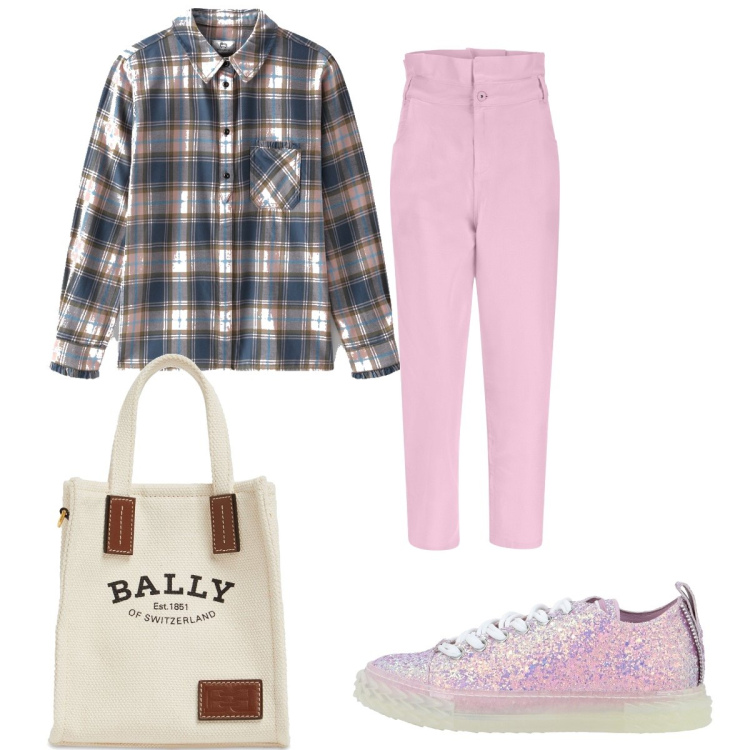 Outfit donna - Pantalone rosa a vita alta. Stile Basic per Tutti i giorni. Abbinamento con sneakers, jeans, camicie, shopping bag.