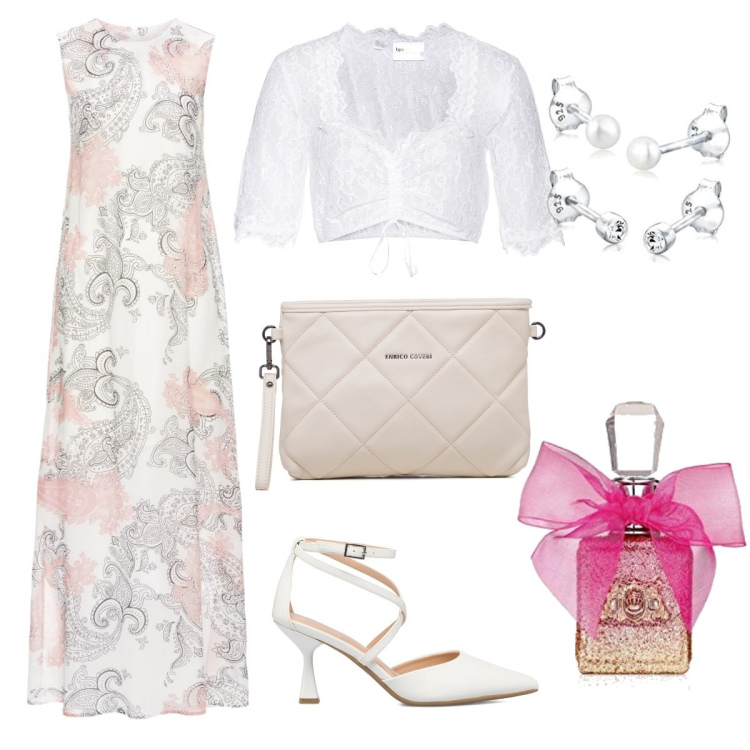 Outfit donna - Romantica #1297. Stile Romantica per Cerimonia. Abbinamento con camicie, vestiti lunghi, décolleté, borse a tracolla, profumi, orecchini.