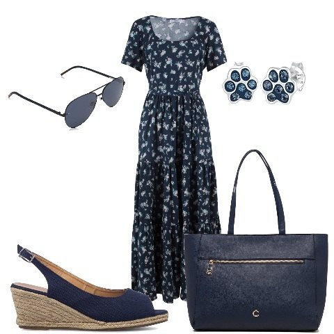 Outfit donna - Vestito fiorellini libera e comoda. Stile Casual chic per Tutti i giorni. Abbinamento con vestiti lunghi, sandali col tacco, borse a spalla, orecchini, occhiali da sole.