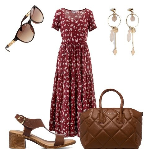 Outfit donna - Abito con fiorellini libera e comoda. Stile Casual chic per Tutti i giorni. Abbinamento con vestiti lunghi, orecchini, occhiali da sole, sandali in pelle, borse a mano.