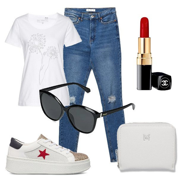 Outfit donna - Total look #1572563. Stile Basic per Tutti i giorni. Abbinamento con t-shirt, jeans skinny, sneakers, portafogli, occhiali da sole, rossetti.