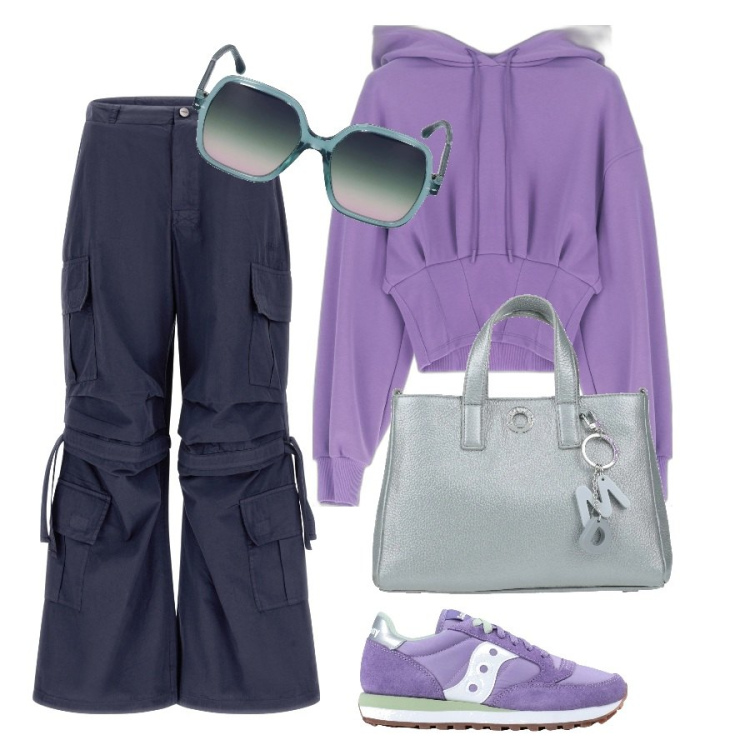 Outfit donna - I pantaloni cargo. Stile Sporty chic per Tutti i giorni. Abbinamento con sneakers, borse a mano, felpe con cappuccio, pantaloni cargo, occhiali da sole.