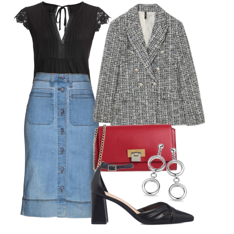 Outfit donna - Tweed per la sera. Stile Chic per Serata fuori. Abbinamento con gonne, maglieria, borse a tracolla, giacche, décolleté, orecchini.