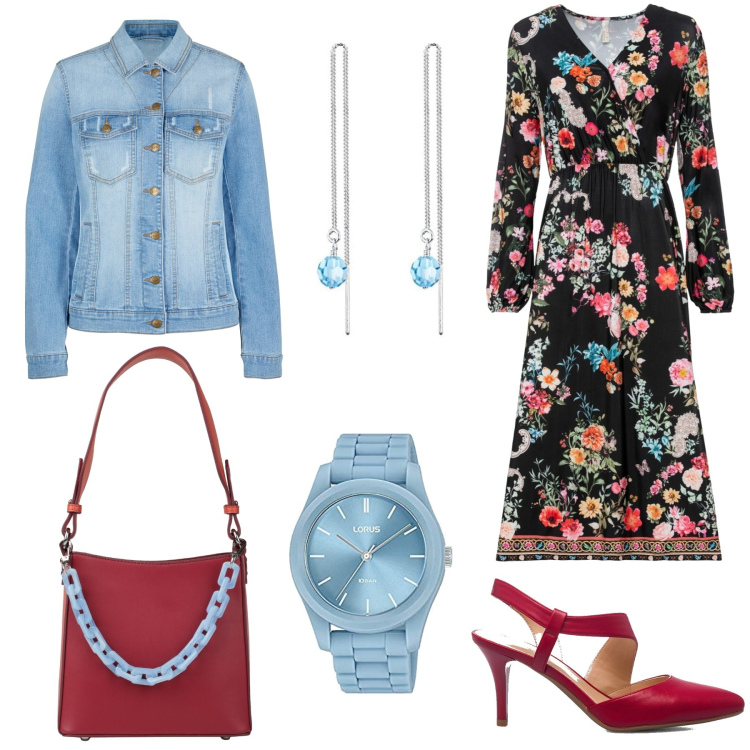 Outfit donna - Fiori e jeans. Stile Romantica per Tutti i giorni. Abbinamento con blazer, vestiti lunghi, borse a mano, décolleté, orologi, orecchini.