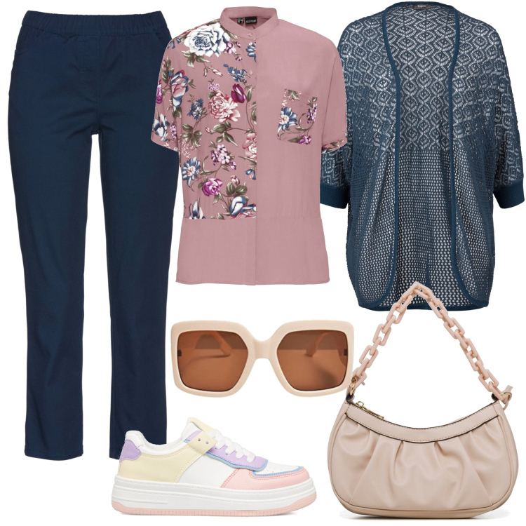 Outfit donna - Primavera casual chic. Stile Casual chic per Tutti i giorni. Abbinamento con cardigans, pantaloni, camicie, sneakers, borse a mano, occhiali da sole.
