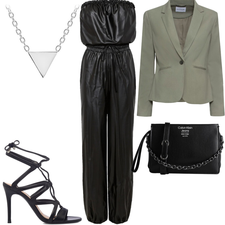 Outfit donna - Tuta elegante. Stile Urban per Tutti i giorni. Abbinamento con blazer, tute, borse a mano, sandali alla schiava, ciondoli.