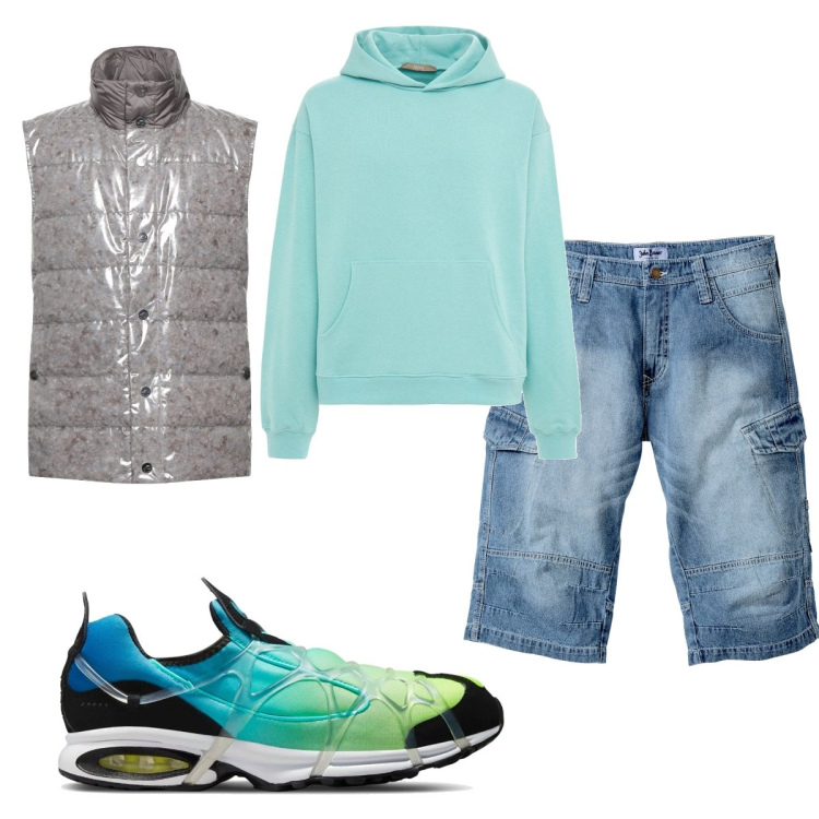 Outfit uomo - Total look #1572973. Stile Trendy per Sport. Abbinamento con bermuda, piumini, felpe con cappuccio, sneakers.