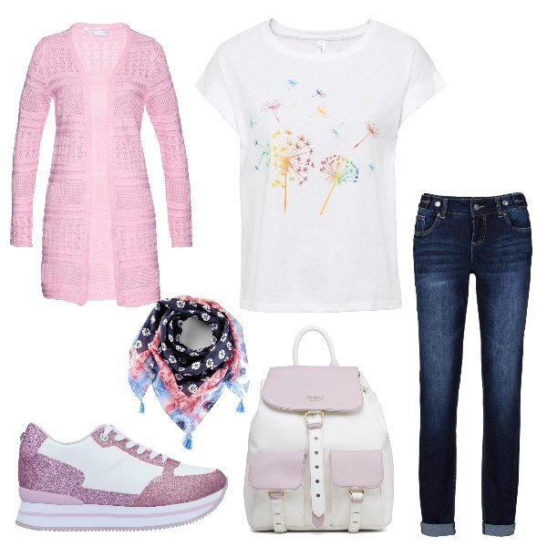 Outfit donna - Passeggiatina con la mia amica!. Stile Casual per Tutti i giorni. Abbinamento con t-shirt, jeans boyfriend, cardigans, foulard, sneakers, zaini.