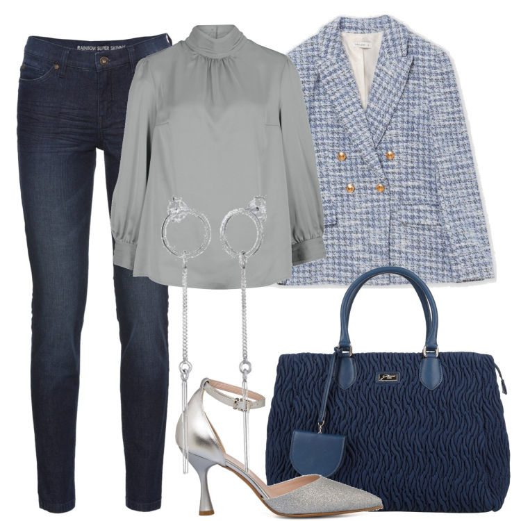 Outfit donna - Casual in ufficio. Stile Casual per Tutti i giorni. Abbinamento con jeans skinny, tuniche, borse a mano, giacche, décolleté, orecchini.