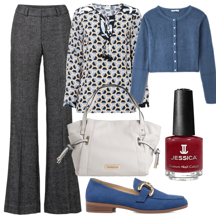 Outfit donna - Classico con mocassini. Stile Urban per Ufficio. Abbinamento con pantaloni a palazzo, bluse, borse a mano, cardigans, mocassini, smalti.